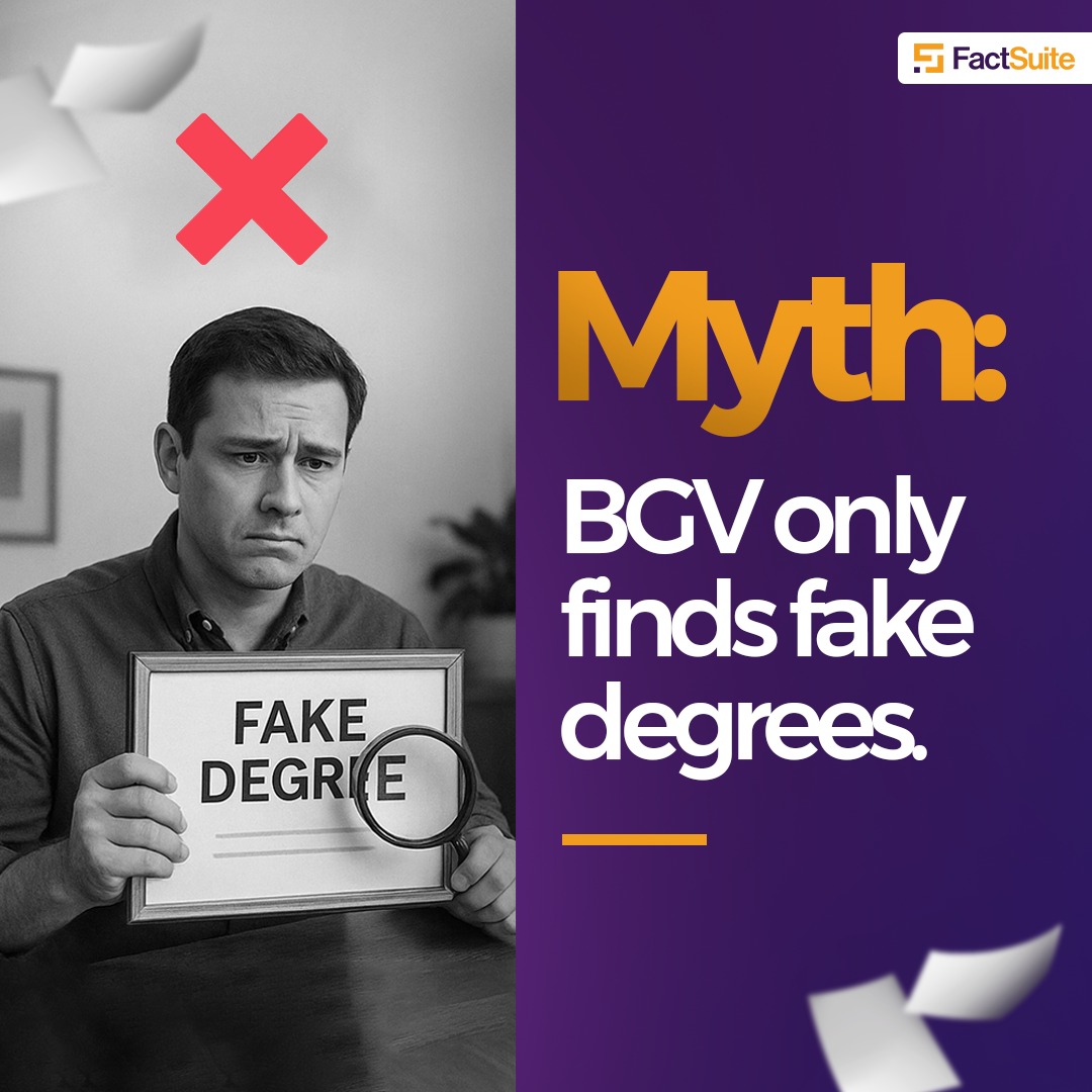 FactSuite's tweet photo. Think again! We verify gaps, IDs, hidden cases &amp; fake employers too. BGV covers more than you think. #BGVMyths #KnowBGV #HiringFacts #FactSuite https://t.co/dSEq2W9b5q