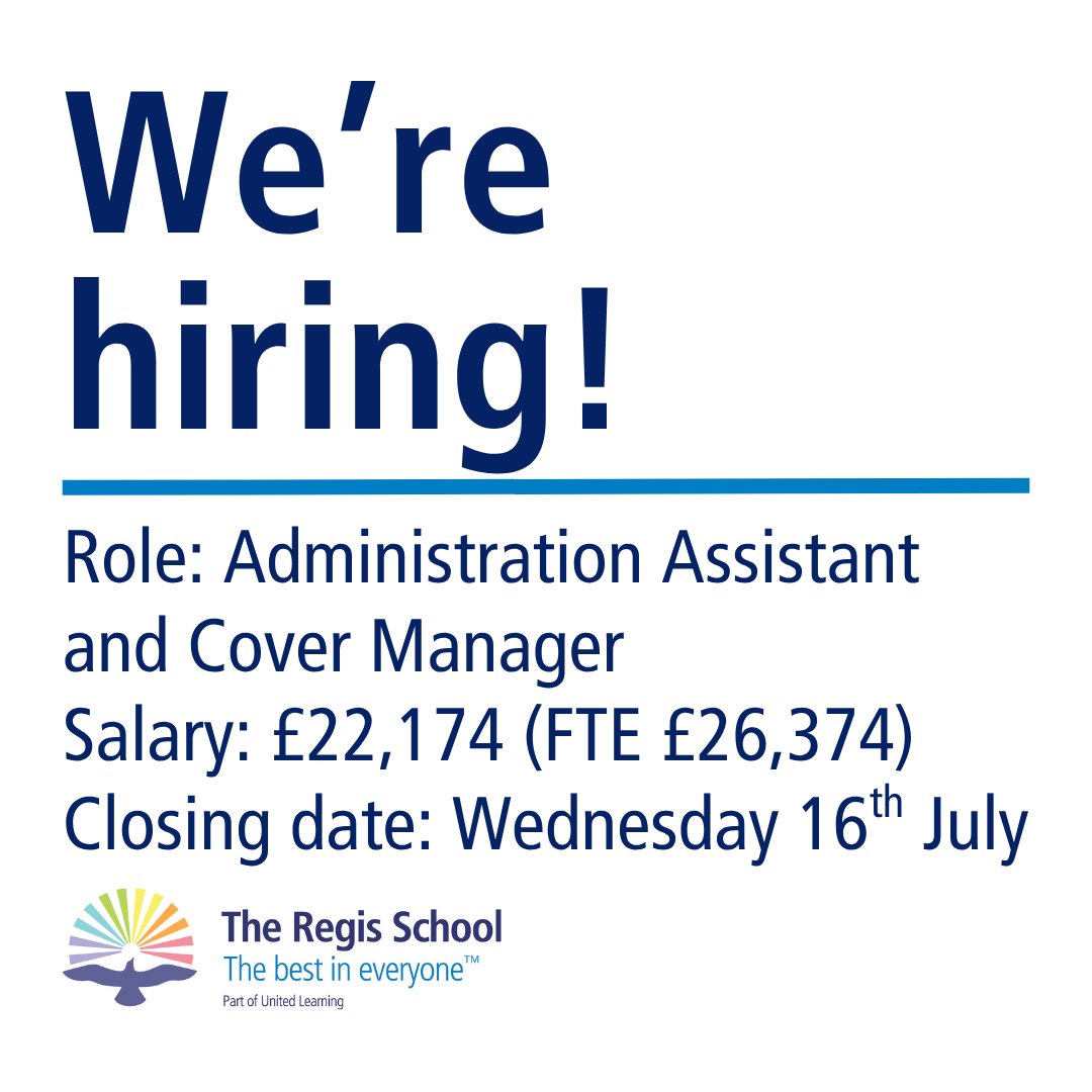 We have a new opportunity to join the support staff at The Regis School as Administration Assistant and Cover Manager

For more information visit our website:
theregisschool.co.uk/working-for-us…