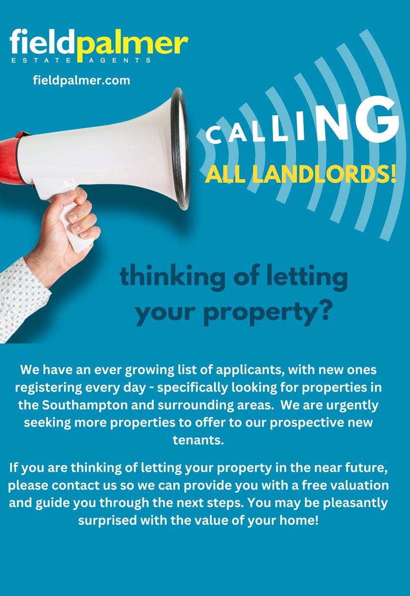 Calling all #Southampton #Landlords!

If you are thinking of letting your #property in the Southampton area, get in touch with Field Palmer Letting Agents on 023 8071 0402 and find out how we can help

fieldpalmer.com/estate-agents/…