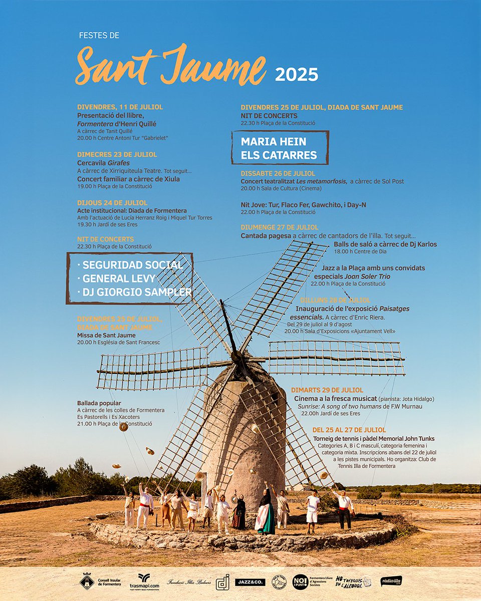 🎉 Ja tenim aquí el cartell de les Festes de Sant Jaume 2025, la cita més esperada de l'estiu a Formentera!

🎶 Concerts amb Els Catarres, Seguridad Social, General Levy, Maria Hein, activitats familiars, cultura, tradició, exposicions i molt més!

saladepremsa.consellformentera.com/2025/07/07/el-…