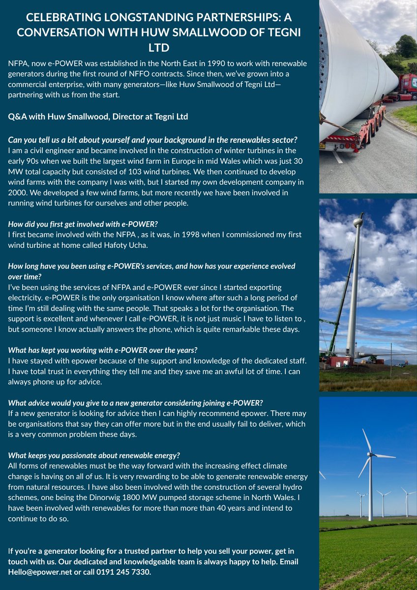 ePOWERrenewable's tweet photo. We're proud to share an insightful interview from our latest newsletter featuring Huw Smallwood of TEGNI LTD — one of our longest-standing clients.

A big thank you to Huw and the TEGNI team for their continued trust and collaboration.

#CustomerSpotlight #SustainableEnergy https://t.co/h4LvqxWmpU