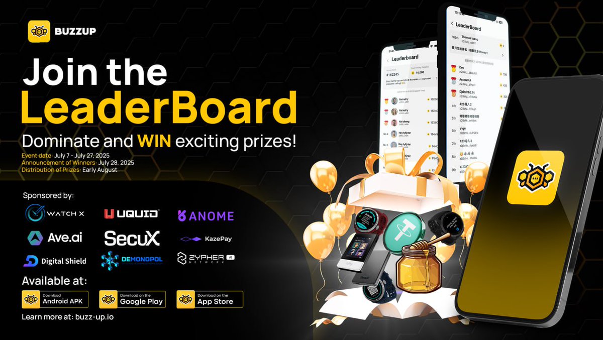 BuzzUpHQ's tweet image. 🎉 The Honey Leaderboard Campaign is LIVE! 🍯

Celebrate BuzzUp's 1st Anniversary and join our exciting mission to win BIG! 🚀

📅 Campaign Dates: July 7 - July 27, 2025 (23:59 UTC+8)

Complete tasks in the BuzzUp App, earn Honey Points, and climb the leaderboard for a chance to…