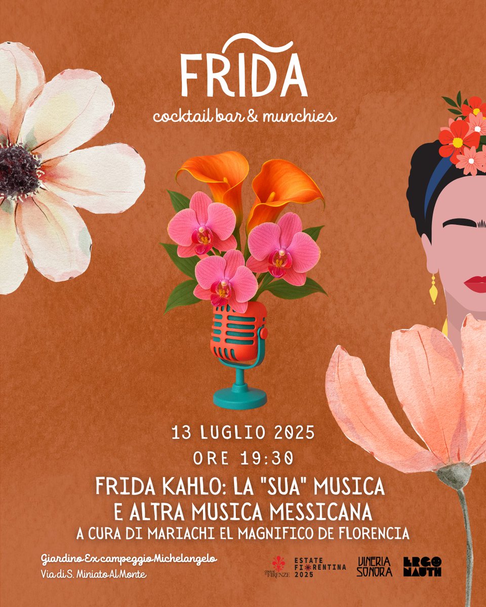 GuidoMenestrina's tweet photo. Frida Kahlo: la "sua" musica e altra musica messicana.

Dove, se non al Frida Cocktail Bar &amp; Munchies?

Domenica 13 luglio 2025 alle 19:30 con Beatriz Oyarzabal e Guido Menestrina

Giardino Ex-campeggio Michelangelo, Via di S.Miniato al Monte, Firenze https://t.co/vnSxgr6HHl