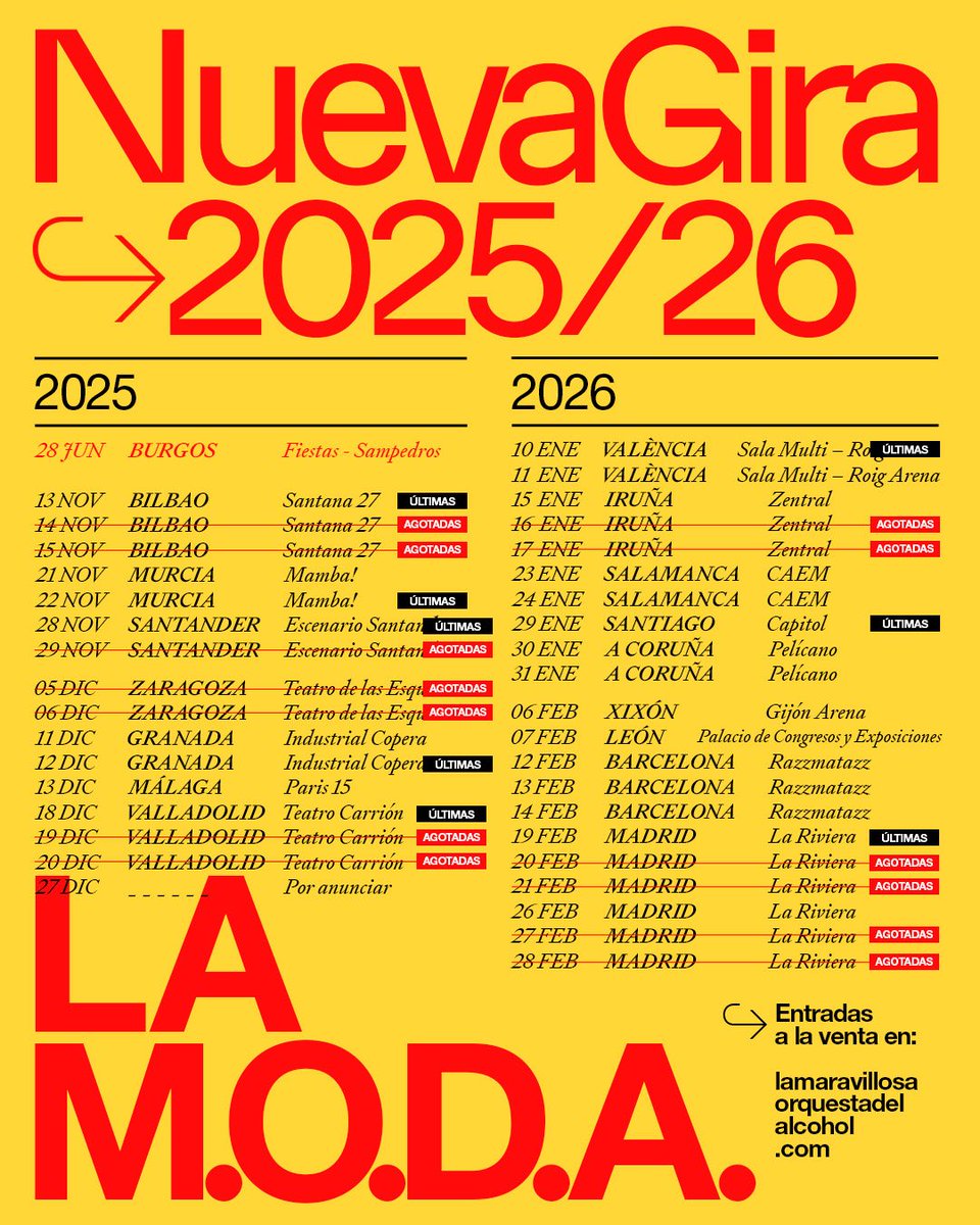 estoesLaMODA's tweet image. Os dejamos las fechas de la gira actualizadas!! Así está la cosa
Entradas disponibles en lamaravillosaorquestadelalcohol.com/conciertos