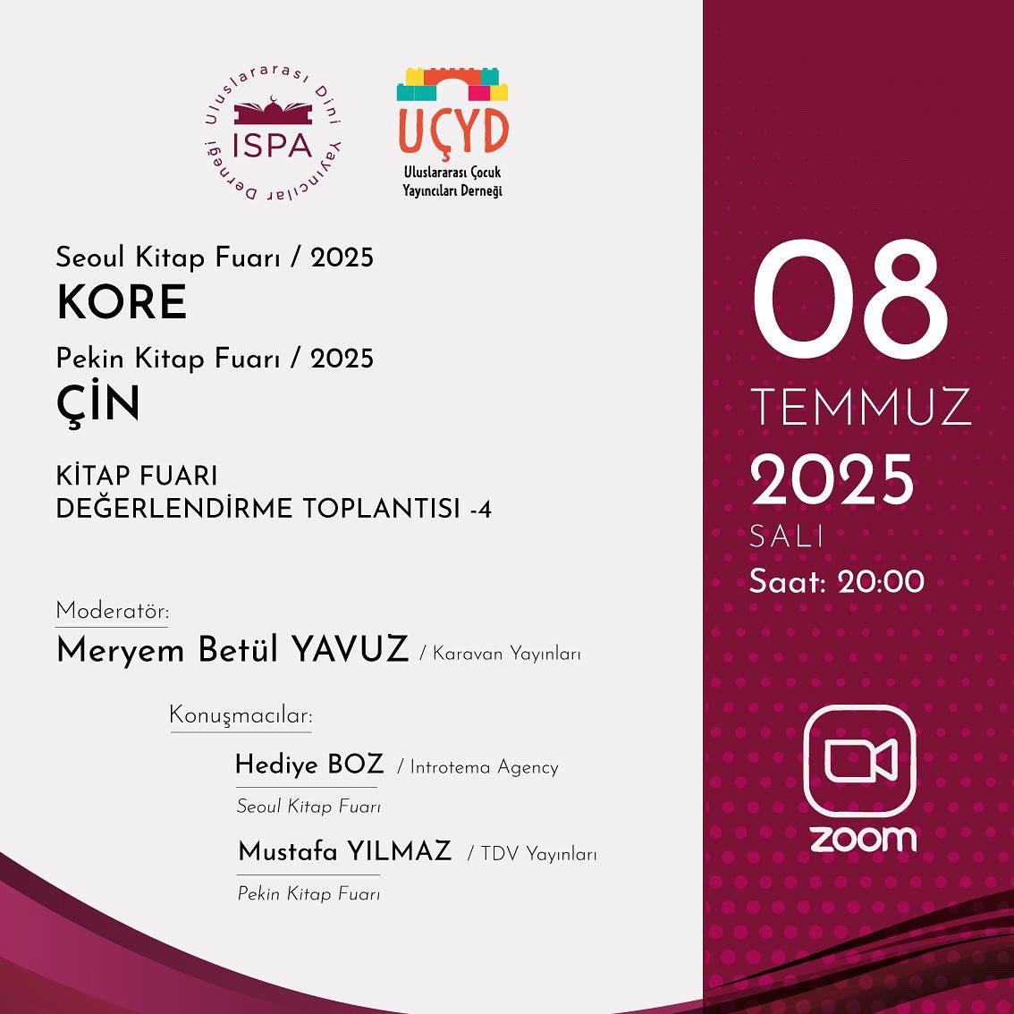2025 yılı fuar değerlendirmelerinin dördüncüsü, Seoul Kitap Fuarı ve Pekin Kitap Fuarı hakkında olacaktır. Siz değerli üyelerimizle bu akşam paylaşacağımız linkten katılım sağlayabilirsiniz. Katılımınızı bekler, hayırlı günler dileriz.