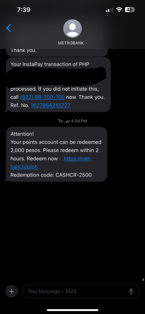 _pusangina's tweet photo. @Metrobank hi. I wanted to report a text message I received earlier. Seems like your text domain has been hijacked and our data must have been compromised. Please check. Thank you. https://t.co/mYfuUTN5Cg