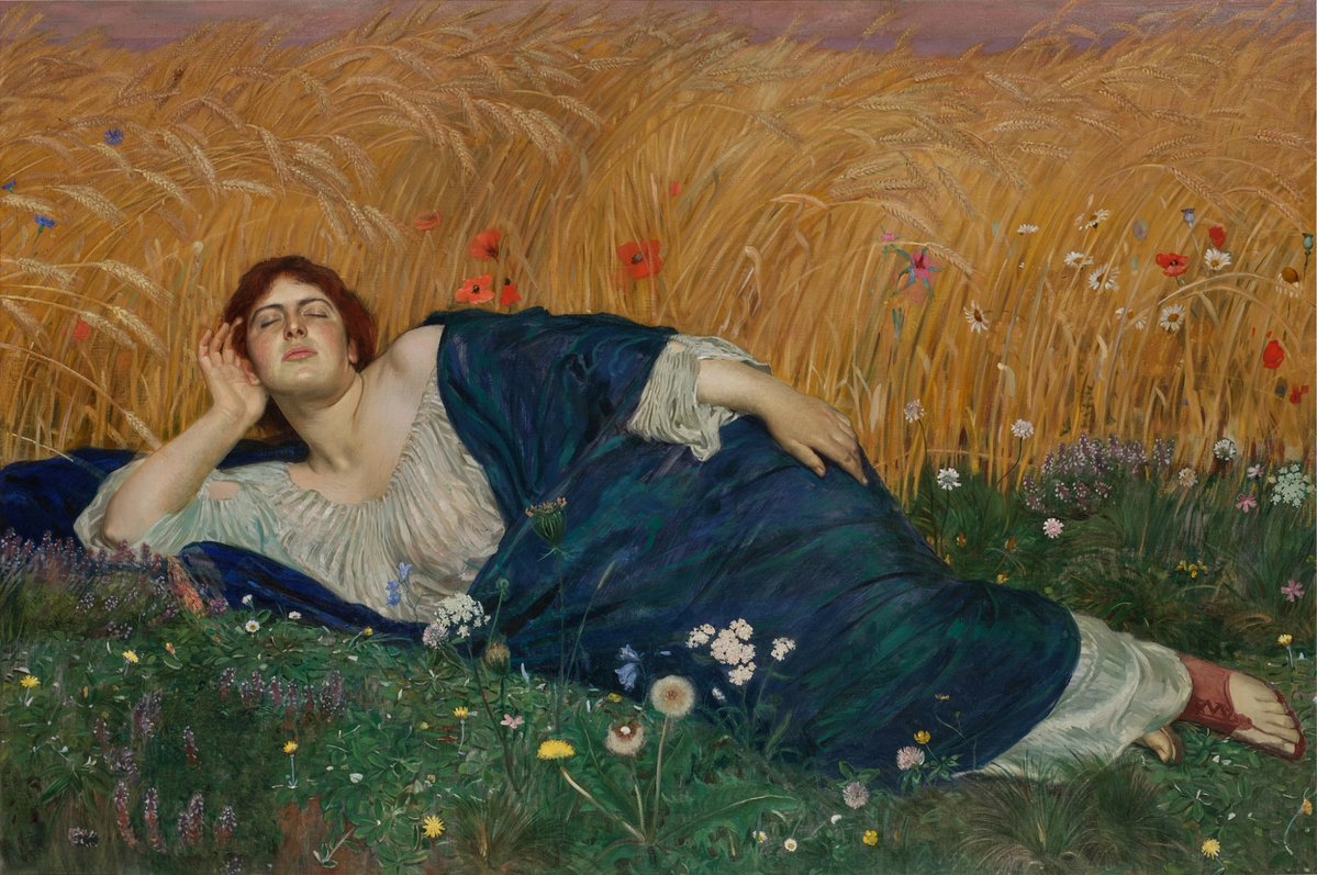 ClassicalMyths's tweet image. The goddess Ceres reclines before a waving wheat field dotted with poppies as the green earth appears to rise up and embrace her. #MythologyMonday
"Ceres" by Osmar Schindler (1867–1927). Private Collection.📷Sotheby's.