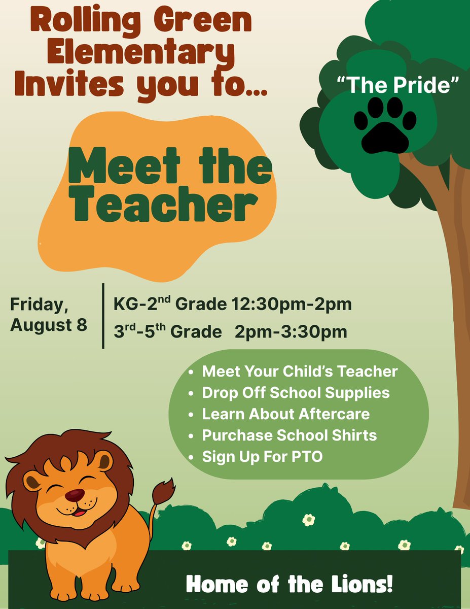 📣 Calling All RGES Families!
Mark your calendars and get ready to kick off the new school year in style! 🎒✨
Join us for our Annual Meet the Teacher Day on Friday, August 8th. 
🦁 Grades K–2: 12:30–2:00 PM
🦁 Grades 3–5: 2:00–3:30 PM
 We can’t wait to see you there! 🦁📚💛
