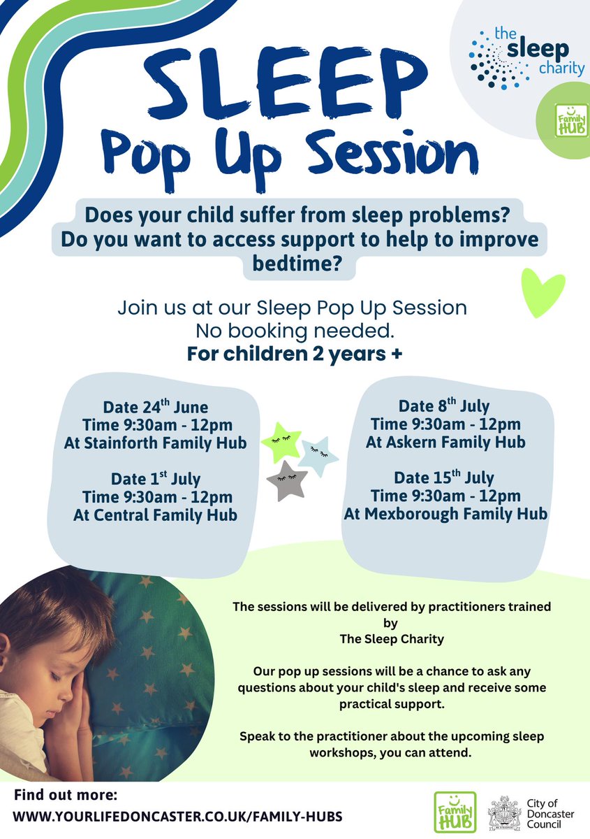 Does your child have trouble sleeping? 

Pop-in session running tomorrow - 8th July, at Askern Family Hub, from 9:30am - 12pm - pop in anytime - no need to book.