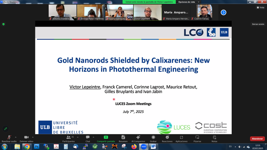 LUCESCOSTAction's tweet image. Zoom Meetings: Congratulations to Victor Lepeintre (ULB) for an excellent talk on Gold Nanorods Shielded by Calixarenes: New Horizons in Photothermal Engineering! A brilliant showcase of innovation at the interface of supramolecular chemistry and nanotechnology @COSTprogramme
