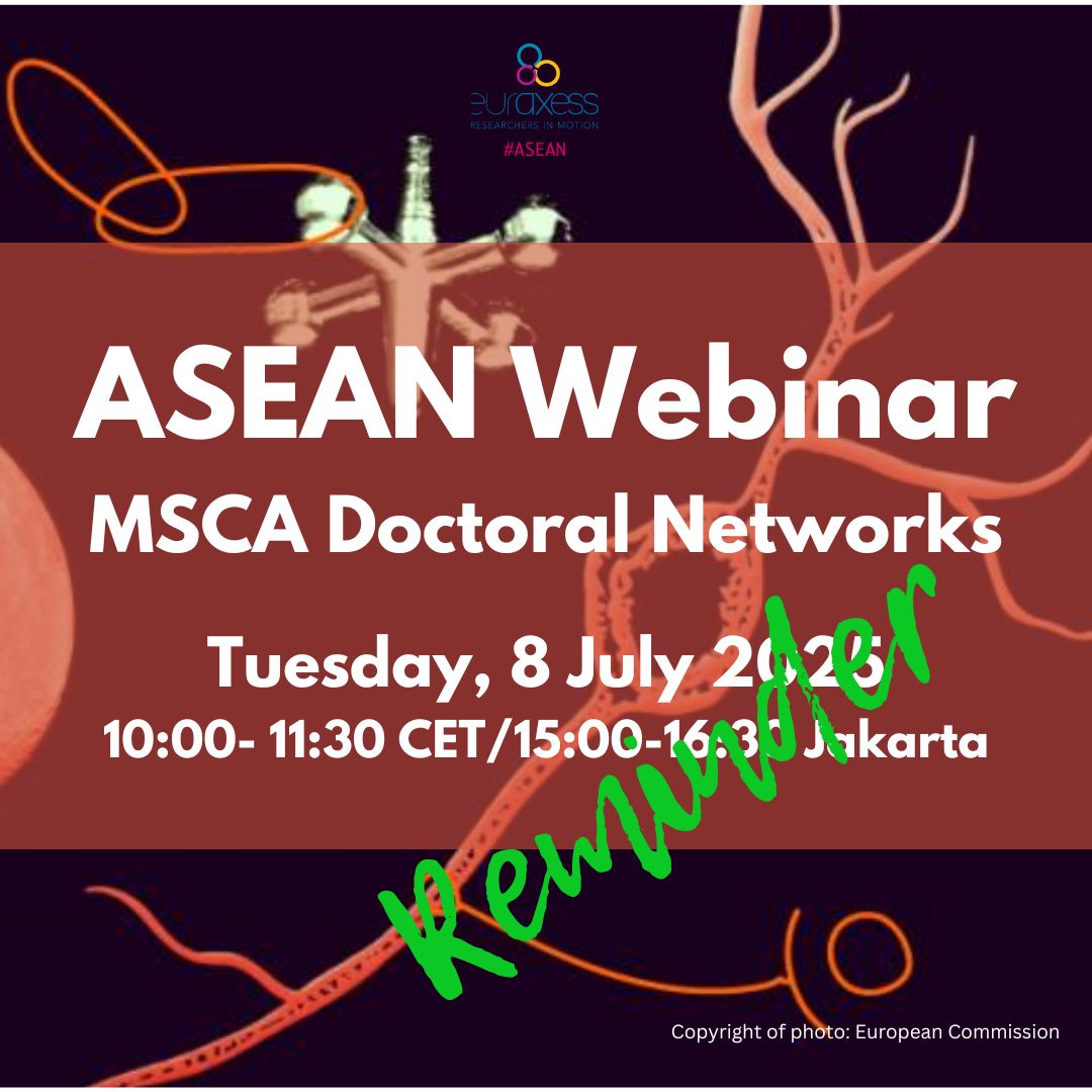 @EuraxessASEAN (@euraxessasean) on Twitter photo ๐จ Don't forget !
๐ Join us tomorrow for the ASEAN Webinar on #MSCA Doctoral Networks!
๐ฌ Transnational PhD training
๐ก Innovation & interdisciplinarity
๐
8 July | ๐ 10:00โ11:30 CET
๐ With Eugรฉnia Shadlova, #MSCA National COntact Point ๐ซ๐ท
๐ Register: tinyurl.com/35j4zhcn ๐จ Don't forget !
๐ Join us tomorrow for the ASEAN Webinar on #MSCA Doctoral Networks!
๐ฌ Transnational PhD training
๐ก Innovation & interdisciplinarity
๐
8 July | ๐ 10:00โ11:30 CET
๐ With Eugรฉnia Shadlova, #MSCA National COntact Point ๐ซ๐ท
๐ Register: tinyurl.com/35j4zhcn