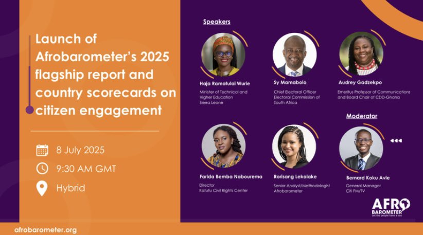 Join us for the launch of <a href="/afrobarometer/">Afrobarometer</a>’s flagship report on citizen engagement in Africa! This hybrid event will bring together leading voices from research, policy, and civil society to explore how Africans are participating in democracy.

Register: bit.ly/44D7YGQ