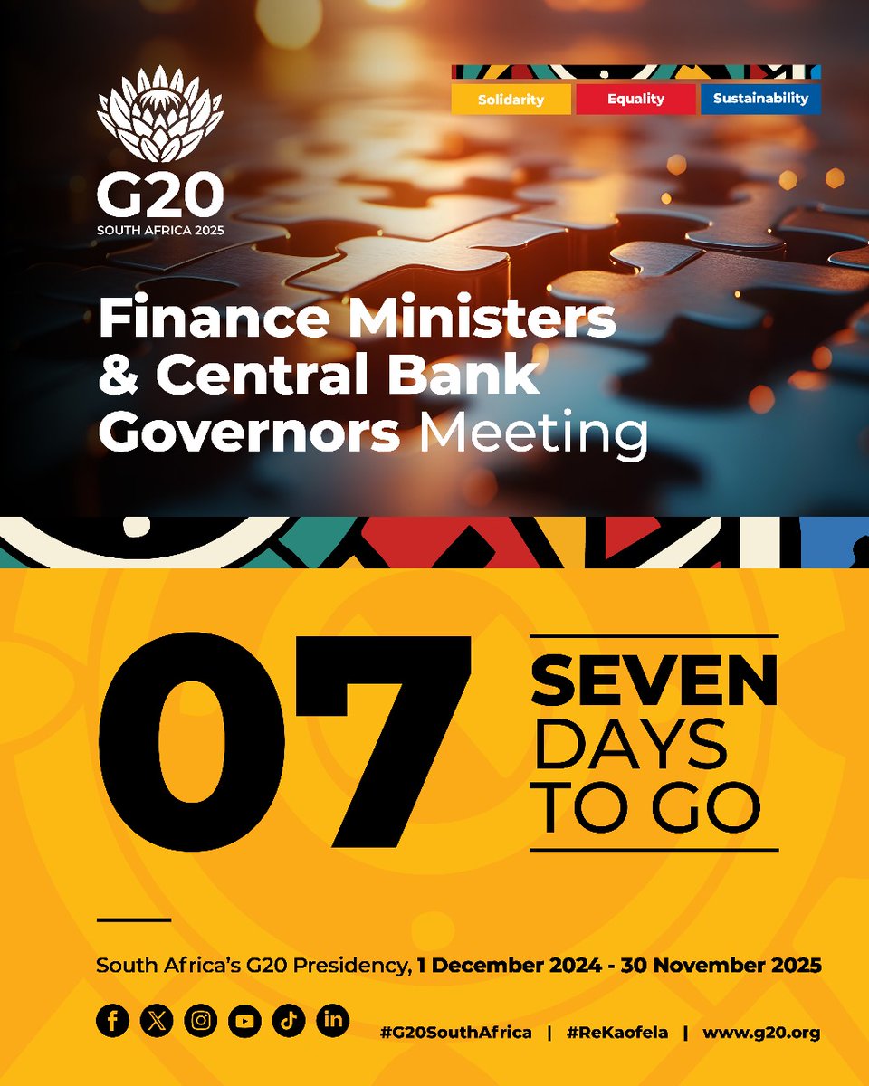 SA Reserve Bank (@sareservebank) on Twitter photo Seven days to go until the <a href="/g20org/">G20 South Africa</a> Finance Ministers and Central Bank Governors Meeting
For more information, visit the official G20 website: g20.org
#G20SouthAfrica #ReKaofela Seven days to go until the <a href="/g20org/">G20 South Africa</a> Finance Ministers and Central Bank Governors Meeting
For more information, visit the official G20 website: g20.org
#G20SouthAfrica #ReKaofela