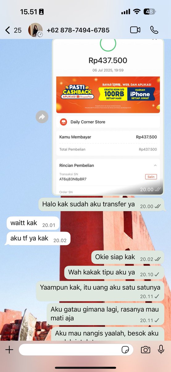 Halo kak @bunscit , aku minta tanggung jawabnya nih. Masa aku udah kirim bukti tf langsung diblock whatsapp sm twitterku. Aku lagi butuh loh dan kamu tega banget nipu aku