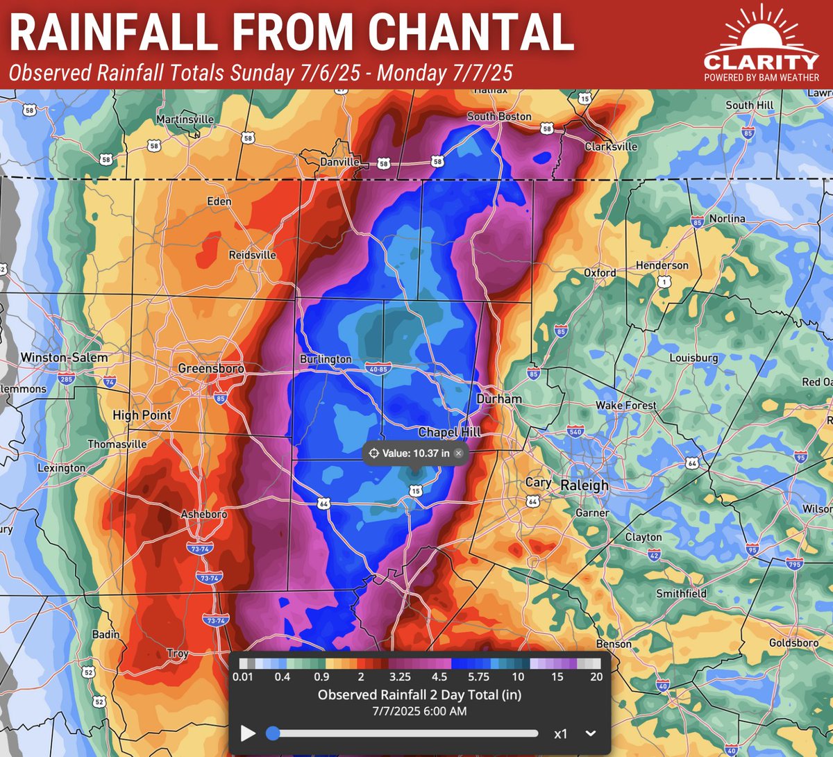 Chapel Hill, Durham, and other surrounding areas in North Carolina are dealing with a 200+ year flood after nearly a foot of rain fell from remnants of Chantal.