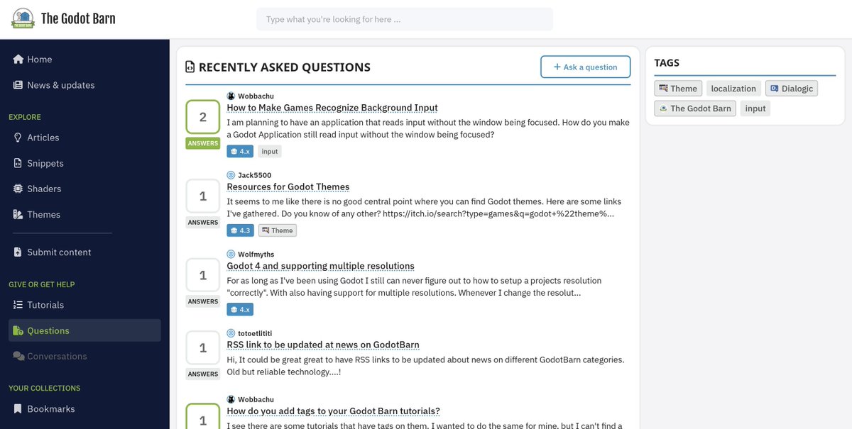GodotBarn's tweet image. Did you know that we have a "Questions" section on our website to give and get help with #godot 🤓 similar to #stackoverflow?
Search by tag, get answers or help other users, completely free!
Check it out: thegodotbarn.com/questions
#foss #opensource #gamedev