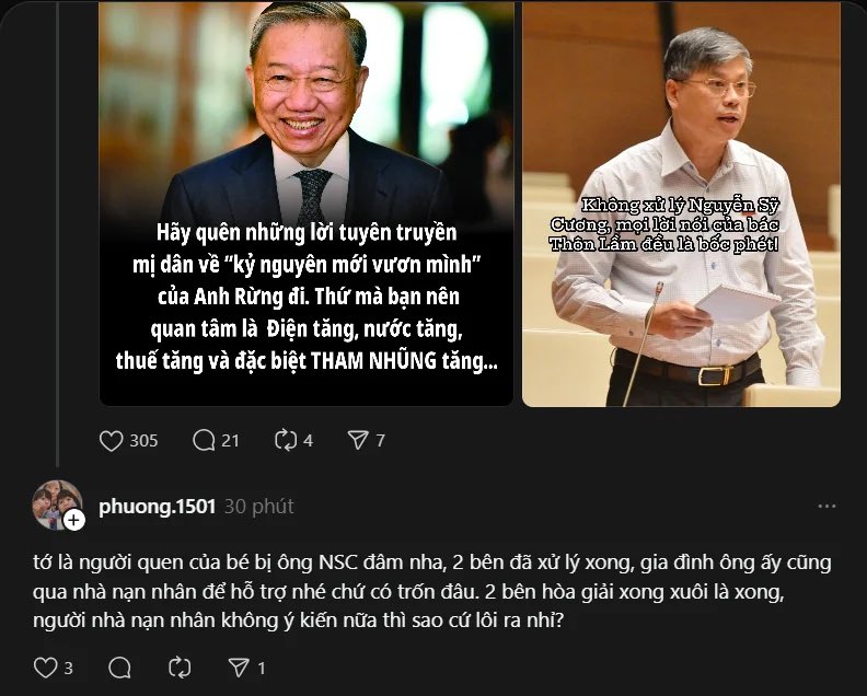 hiuchan88's tweet photo. (NÓNG) Theo nguồn tin của đám bò đỏ trên Thread.

Đại biểu Quốc hội Nguyễn Sỹ Cương (người lái xe BMW gây tai nạn khiến cháu bé nữ sinh 2007 tử vong) đã âm thầm được tha tội!!!

Trích nguyên văn: "tớ là người quen của bé bị ông NSC đâm nha, 2 bên đã xử lý xong, gia đình ông ấy cũng qua nhà nạn nhân để hỗ trợ nhé chứ có trốn đâu. 2 bên hòa giải xong xuôi là xong, người nhà nạn nhân không ý kiến nữa thì sao cứ lôi ra nhỉ?". Và rất nhiều con bò đỏ dùng văn này để def, chả nhẽ NSC thoát được tội thần kỳ vậy sao.

Luật pháp bây giờ nhân văn vậy sao. Gây va chạm giao thông, gây ra chết người. Không bị xử mà chỉ cần đút tiền là xong.

Hãy nhìn kĩ mặt đứa bao che:
https://t.co/m4H4rlDia8