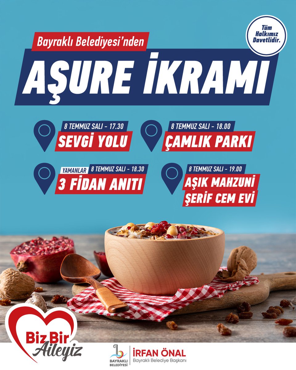 Aşurenin Bereketi Paylaştıkça Çoğalıyor!

Her yıl olduğu gibi bu yıl da; aynı tencerede kaynayan aşurenin tadında hoşgörüyü, kardeşliği ve dayanışmayı birlikte büyütelim Bayraklı!

8 Temmuz Salı günü, ilçemizin dört farklı noktasında gerçekleştireceğimiz aşure ikramına tüm