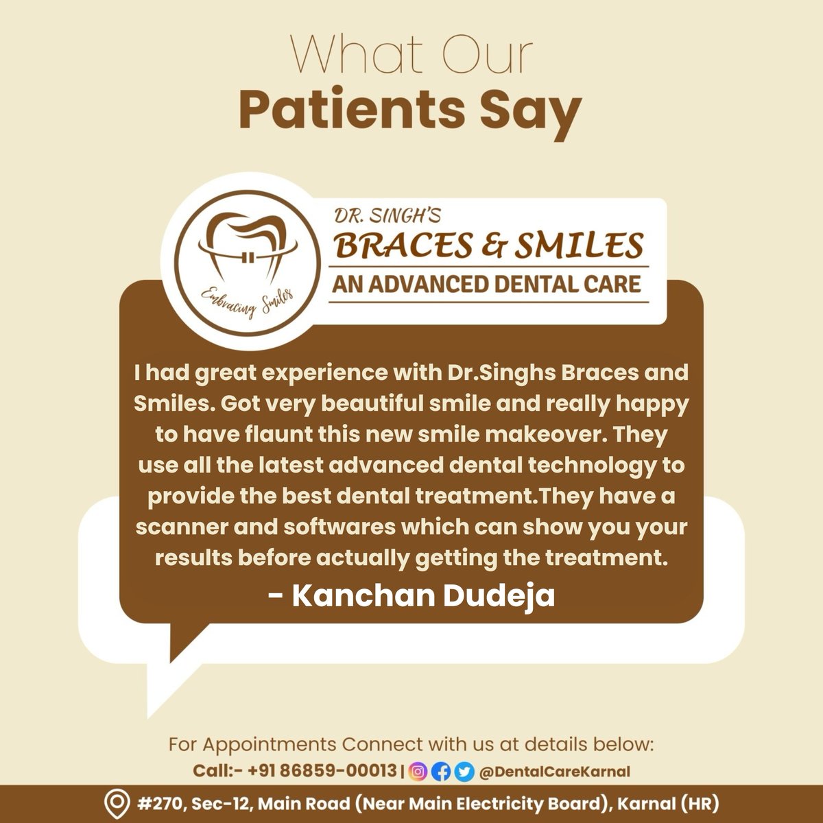 DentalCareKNL's tweet photo. Here’s a glimpse into the smiles we help create!
At Dr. Singh’s – Braces & Smiles Karnal, our patients' words inspire us everyday.
Experience luxury dental care like never before, because your smile deserves the best.
M-86859
00013
#SmileMakeover #PatientsReview #DentalCareKarnal https://t.co/gKSAK7BqRZ