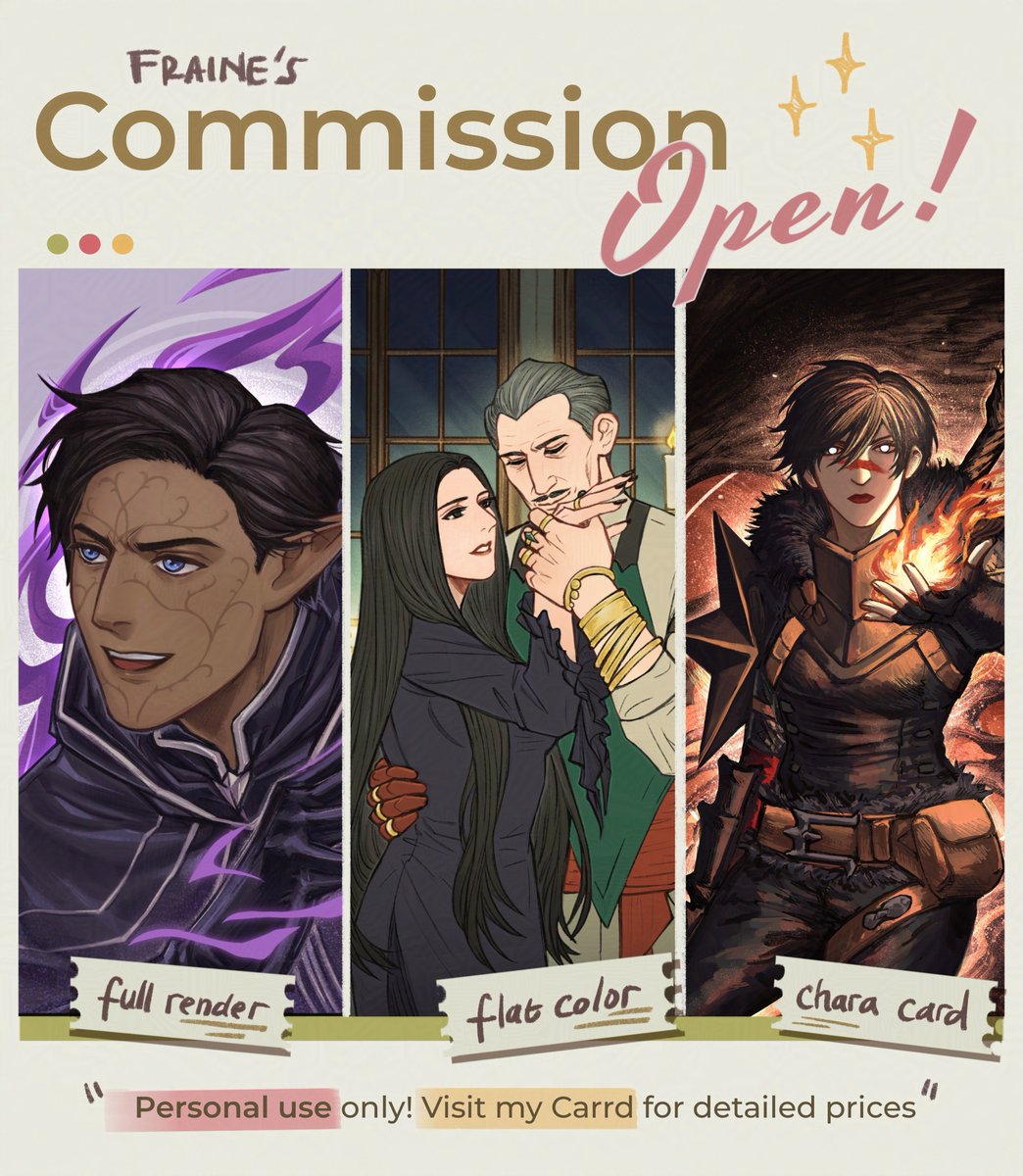 re_Fraine's tweet image. ✨C0mmision 0pen!✨
Hi! I'm opening comms again!
> Open for 4 slots
> For ToS and detailed prices, please visit: fraine-commission.carrd.co
Email me for question and order:
refraine.draw@gmail.com
(RTs are appreciated!) Thank you! 🫶
#ArtCommission