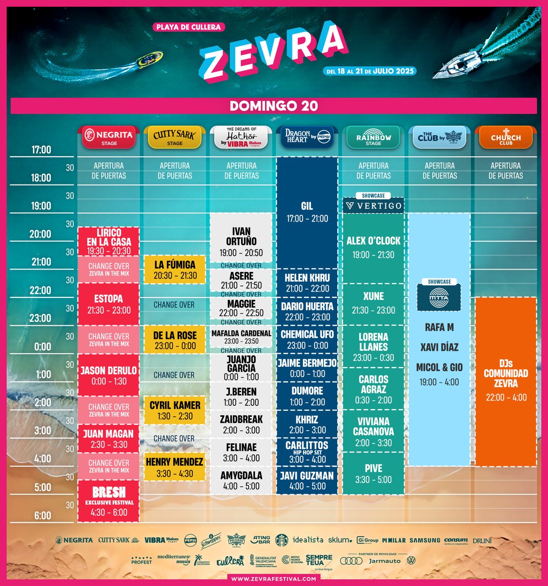 🗓️ ACTUALIZACIÓN DE HORARIOS

Estopa y Jason Derulo actuarán ¡hora y media! 🔥
Dos shows únicos, completos y sin prisa.

Además, Lírico en la Casa y De La Rose intercambian sus horarios.
Esto ya empieza 👀

🎟️ Fin de venta: 17 JULIO
🎫 zevrafestival.com