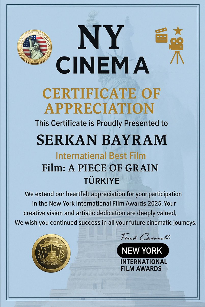 AvSerkanBayram's tweet photo. 🎬 Dünyaya Açılan Bir Başarı…

Amerika’da düzenlenen New York Uluslararası Film Festivali 2025’te, tam 93 ülke ve 1076 film arasından “Buğday Tanesi” filmi “En İyi Uluslararası Film Ödülü”ne layık görüldü.🌾🏆

Hayatımın en özel hikayesini anlattığım bu filmle, ülkemizi sinema alanında uluslararası arenada temsil etmekten büyük onur duyuyorum. 🇹🇷🇺🇸

Bu ödülü, barış içinde bir dünya ve engelsiz bir gelecek hayaliyle aldım.
Engelleri aşan tüm yüreklere armağan olsun. 🙏🌾

#BuğdayTanesi #NewYorkFilmFestivali #EnİyiFilm #SerkanBayram #EngelsizDünya #BarışİçinSanat #UluslararasıBaşarı #Türkiye