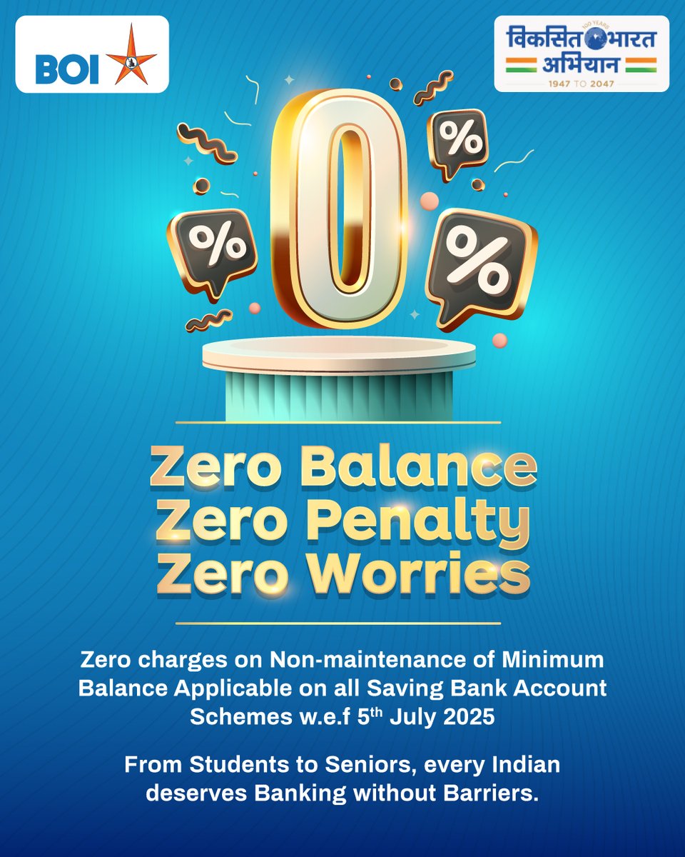 Bank of India (@bankofindia_in) on Twitter photo Trusted by Generations. Evolving for you. At Bank of India, we believe that your Savings should grow in leaps and bounds. Hence, from 5th July 2025, there are Zero Charges on Non-maintenance of minimum balance applicable in all Savings Bank Account Schemes.
#BankofIndia Trusted by Generations. Evolving for you. At Bank of India, we believe that your Savings should grow in leaps and bounds. Hence, from 5th July 2025, there are Zero Charges on Non-maintenance of minimum balance applicable in all Savings Bank Account Schemes.
#BankofIndia