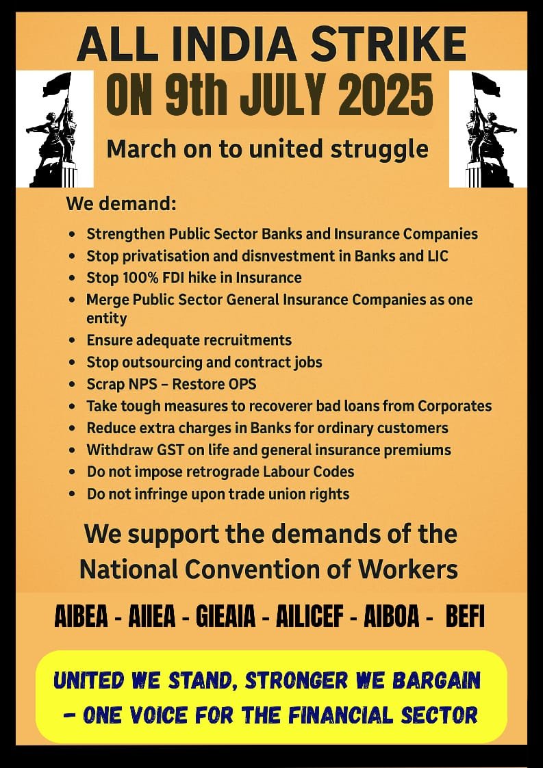 aiiea1951's tweet photo. ✊ Let’s march with 25 crore workers of our country!
#GeneralStrike2025 #9JulyStrike #EnsureRecruitments #PublicSectorJobs #FillVacanciesNow
#WorkersUnited #BharatBandh #BankStrike #InsuranceStrike
#AIBEA #AIIEA #AIBOA #BEFI #GIEAIA #AILICEF
🔁 RT to support!
@AIBEA_India
@aiieahyd
@licindiaforever
@AllIndiaBEFI
@AIBOA_National
@gieaiageneral
@DFS_India
@LabourMinistry
@FinMinIndia
