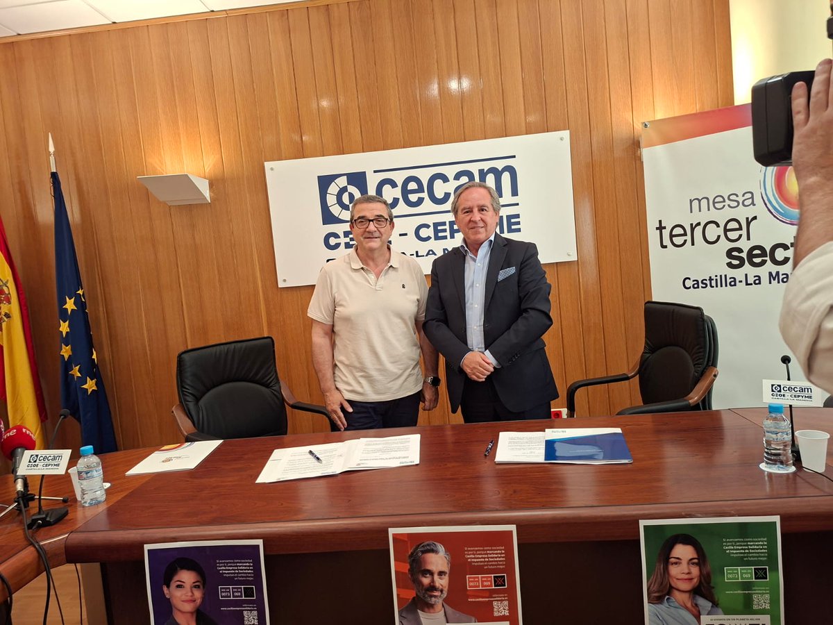📝Firmamos un convenio con la Confederación de Empresarios de Castilla-La Mancha para impulsar un marco de colaboración entre las pymes de la región y el tercer sector.

📌El primero de los actos es la presentación de la campaña divulgativa de la Casilla Empresa Solidaria.