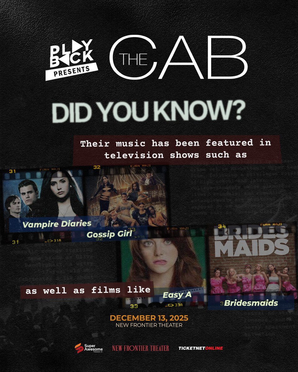playback_fest's tweet image. Songs perfect for each moment! No doubt why The Cab’s songs have been featured on Gossip Girl, Vampire Diaries, Bridesmaids, and more!

You’ve heard them on screen — now hear them live! See you on December 13! 🙌

Grab your tickets here: ticketnet.com.ph/event-detail/T…

#PlaybackPresents
