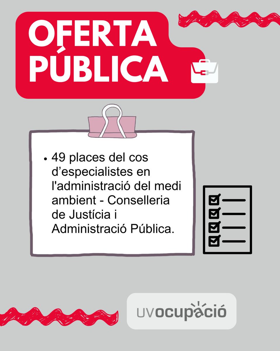 UVocupació (@uvocupacio) on Twitter photo ☀️Encetem el mes de juny amb nova #ofertapública d'ocupació:
🔸Accés a 4️⃣9️⃣ places del cos d'especialistes en l'administració del medi ambient a la Conselleria de Justícia i Administració Pública <a href="/generalitat/">Generalitat</a>
📆Límit de la convocatòria: 10/7/2025
🔗go.uv.es/vYNdL73 ☀️Encetem el mes de juny amb nova #ofertapública d'ocupació:
🔸Accés a 4️⃣9️⃣ places del cos d'especialistes en l'administració del medi ambient a la Conselleria de Justícia i Administració Pública <a href="/generalitat/">Generalitat</a>
📆Límit de la convocatòria: 10/7/2025
🔗go.uv.es/vYNdL73