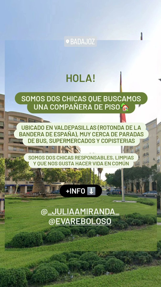 _JuliaMiiranda's tweet photo. Somos dos chicas que buscamos una compañera de piso en Badajoz!!!
#badajoz #queydondeestudiar2025 #pisosbadajoz #pisosuex https://t.co/RNkXN7xCnd