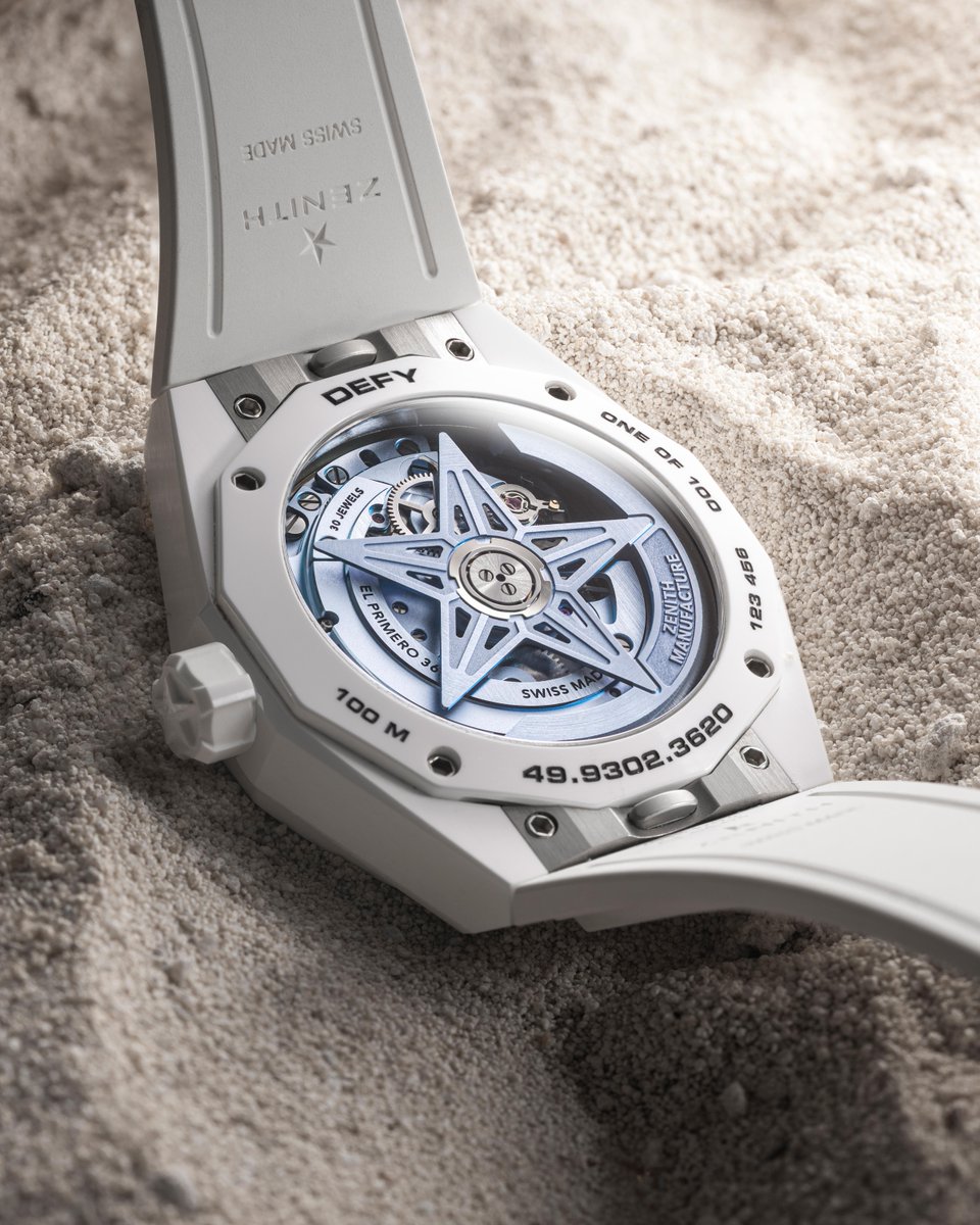 #ZenithxTimeAndTide: Dive into summer with the DEFY Skyline Skeleton "White Surfer" Ceramic. A gradient blue open dial, luminescent star, and sleek white ceramic case create a breezy masterpiece. Featuring a first-ever ZENITH skeletonized El Primero 3620 movement in this vibrant