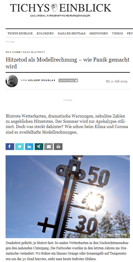 Man braucht ja irgendeine Erklärung für die Übersterblichkeit. Und so kann man gleich #Propaganda für die Klimalüge machen... 

#Klimahysteriker 
 
tichyseinblick.de/kolumnen/klima…