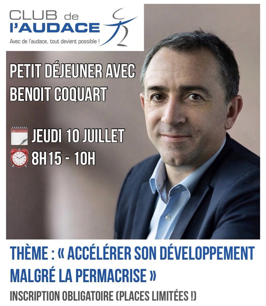 🚀 La Rentrée business se prépare MAINTENANT ! Dernières places pour le petit-déj du Club de l’Audace avec Benoît Coquart DG de <a href="/Groupe_Legrand/">GroupeLegrand</a> : 
📅 10/07 - 8h15/10h 📈 « Accélérer son développement malgré la permacrise »
👉 Inscrivez-vous vite : urlr.me/4VFEWr