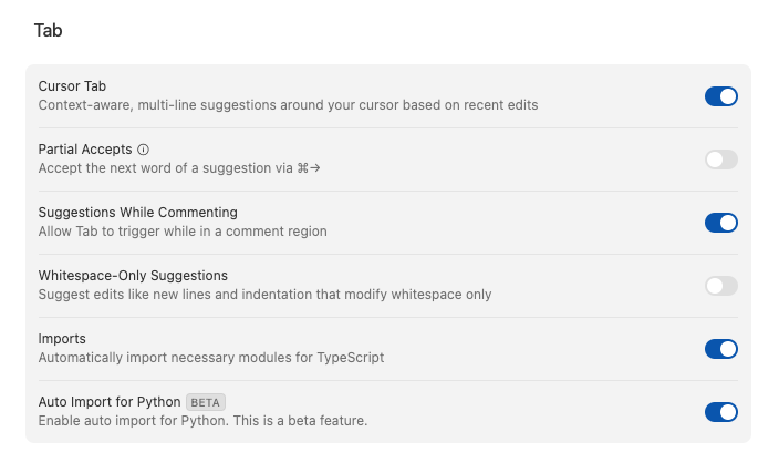 cursor_tips's tweet photo. Auto Import for Python (BETA) is added to Cursor Tab settings.   Very helpful if you are coding in python. https://t.co/VXBPzOLqm2
