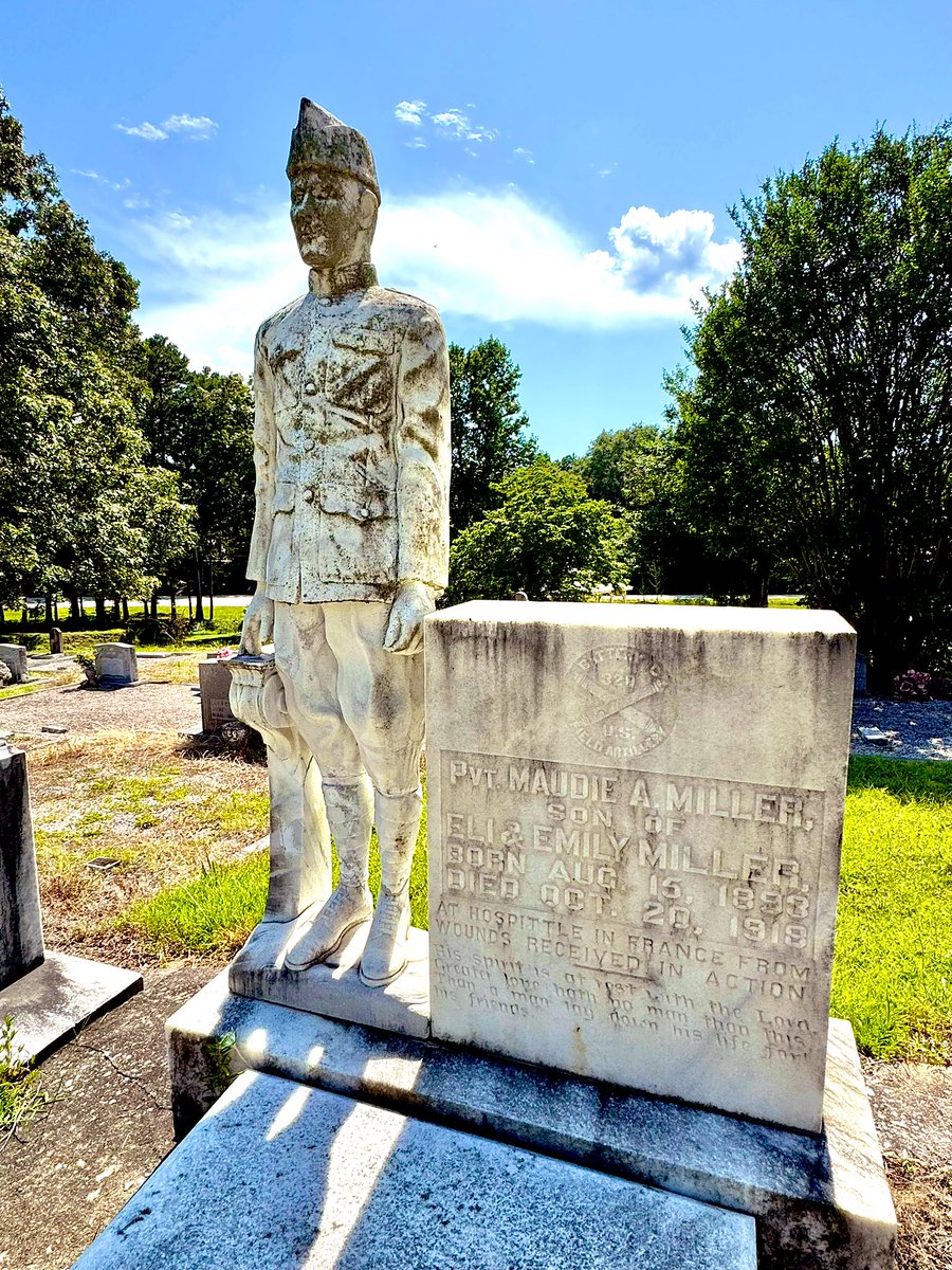 TraciRylands's tweet photo. Pvt. Maudie A. Miller was assigned to Battery C, 320th Field Artillery of the U.S. Army during WW I. 

He died from his wounds in a French hospital on Oct. 20, 1918.

Nearly 3 years later, he was laid to rest at Bethlehem Baptist Church Cemetery in his hometown of Lula, Ga. https://t.co/7ruuIofox7