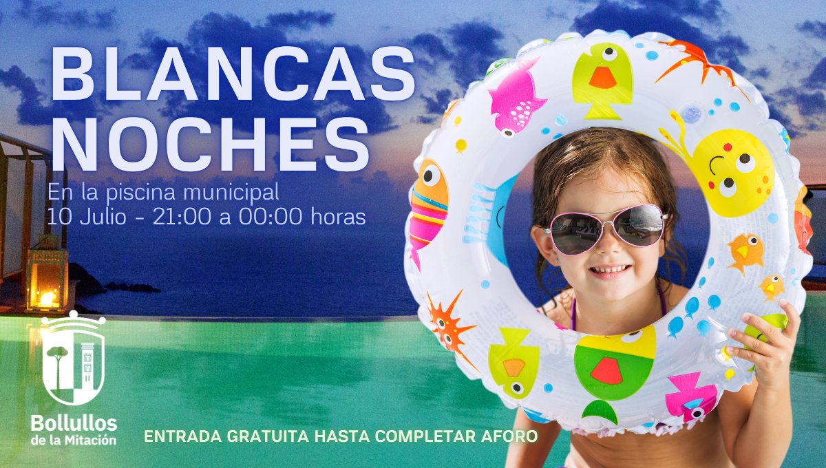 💦✨ Vuelven las #BlancasNoches a la piscina municipal.

🌜Sumérgete en una experiencia nocturna con baño bajo las estrellas, juegos hinchables, música y mucha diversión.🌟

🥳¡Las noches de verano también se celebran en el agua! t.ly/RrOTD

#BollullosEnVerano