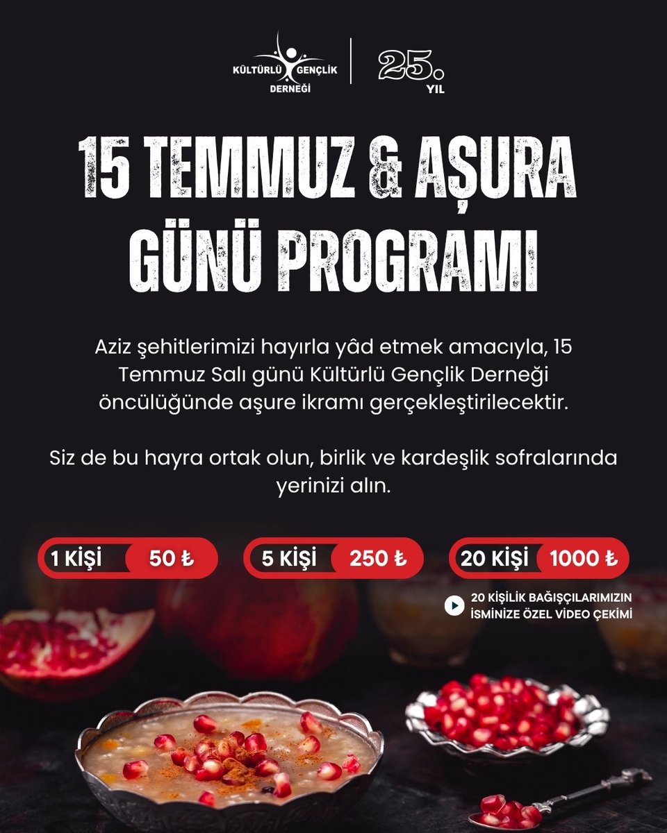 🎗 Aşure İkramı ile Aziz Şehitlerimizi Yâd Ediyoruz

Muharrem Ayı’nın bereketini, 15 Temmuz Salı günü Aziz şehitlerimizin hatırasına aşure ikram ederek paylaşmak istiyoruz.

📍Dağıtım, Kültürlü Gençlik Derneği organizasyonuyla gerçekleşecektir.