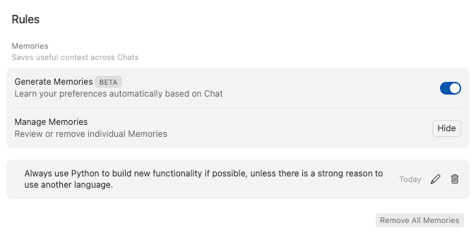 cursor_tips's tweet photo. you can check and update memories manually from settings at any time: https://t.co/5US5S1DBwb