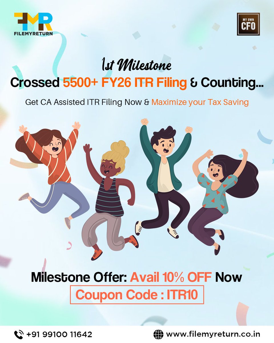 Filemyreturn2's tweet image. We’ve officially crossed our 1st milestone – 5500+ ITRs Filed and counting! 💼📈
Thank you for trusting us with your taxes and financial goals.

#5500AndRising #FileMyReturn #ITRFiling #MilestoneAchieved #FinancialManagement #WealthManagement #CertifiedFinancialPlanner