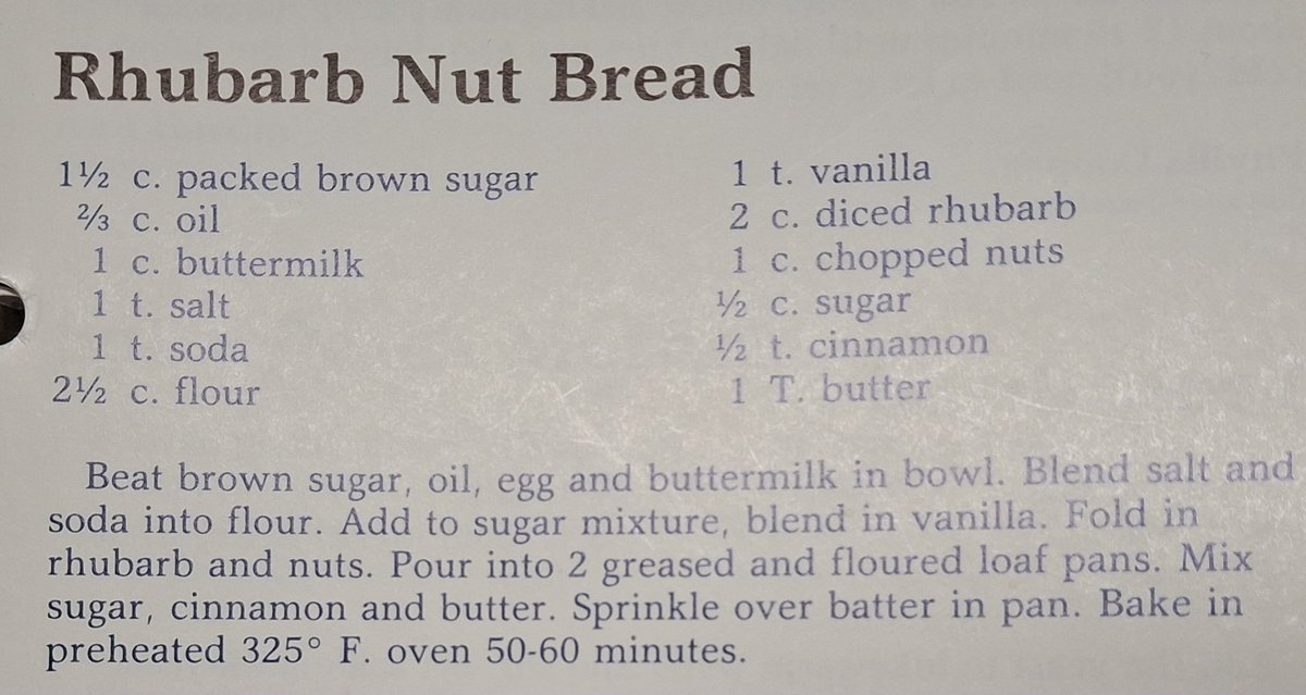 Re2OldFOOD's tweet image. Rhubarb Nut Bread -- 1970s or 80s

#rhubarb #quickbread #vanilla
#retrorecipe
