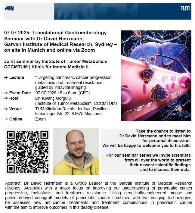GastroTUM's tweet image. Last reminder

Today, 5pm, in #Munich &amp;amp; via Zoom: 
Lecture &quot;Targeting #pancreaticcancer progression, metastasis and treatment resistance guided by intravital imaging&quot; by Dr. David Herrmann, @GarvanInstitute.

We will be happy to welcome you to this talk!

med2.mri.tum.de/en/seminar_ser…