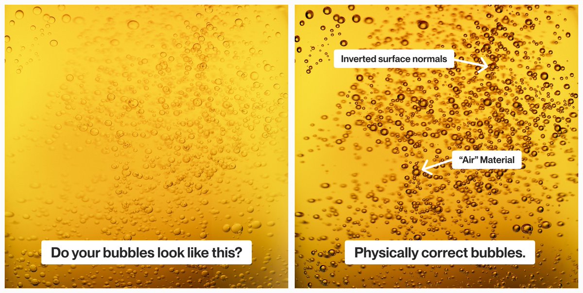 GSG3D's tweet image. Ever struggled to make bubbles look realistic? The key to achieving great-looking bubbles is simple: emulate reality. Bubbles are tiny pockets of air. Reverse the normals of your bubble geometry and apply an “air” material that is fully transparent with an IOR of 1.0. Let the…