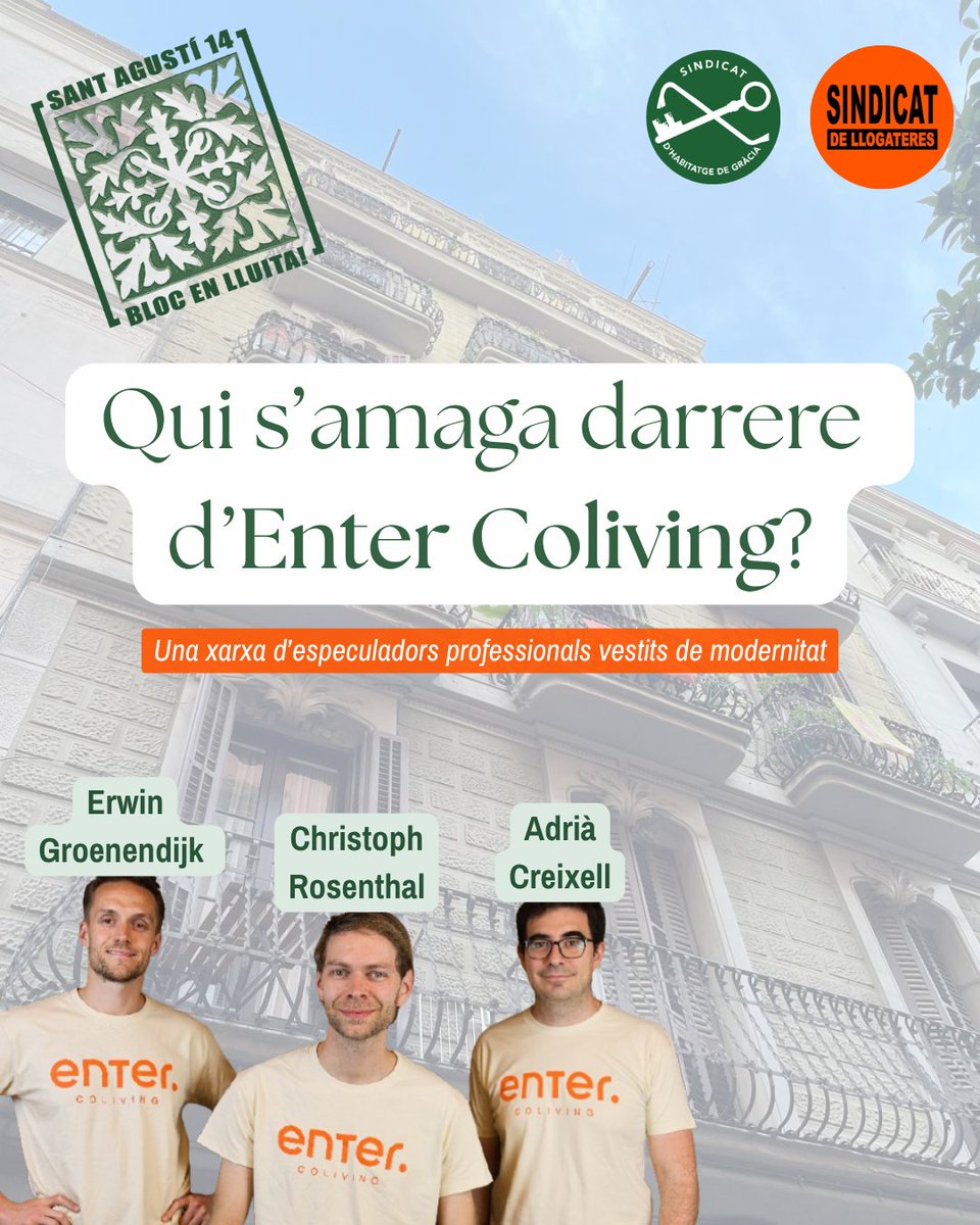 Enter Coliving és l'empresa darrere les expulsions al nostre bloc. 

A la seva web diuen que lloguen habitacions amb totes les comoditats incloses. Habitacions que s'anuncien a 1200 € al mes a Airbnb.

Però qui són?

Obrim fil🧵👇