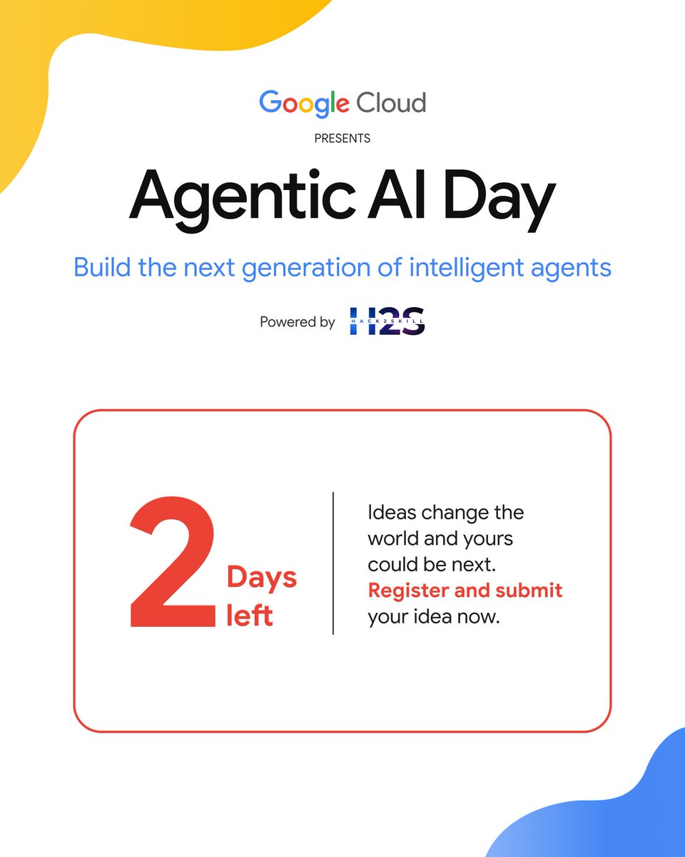 You’ve seen the challenges. You know the possibilities.

Now there are just 2 days left to register and submit your idea for Agentic AI Day!

Take the first step toward being shortlisted for the 30-hour hackathon in Bangalore.

Submit your idea now: bit.ly/AgenticAIday20…