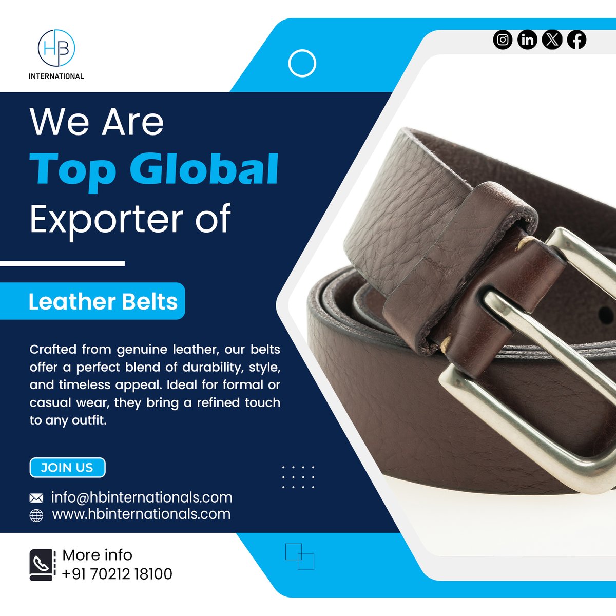 hbintexport's tweet photo. 🌍 Premium Leather Belts – Crafted for the World, Delivered Globally!
📧 info@hbinternationals.com
📱 +91-7021218100
🌐 https://t.co/YLFyN2xmJg
#HBInternational #LeatherBeltExporter #LeatherBelts #ExportBusiness #GlobalExporter #MensAccessories #LuxuryLeatherBelts #HBStyle https://t.co/rOMOKBcCuq