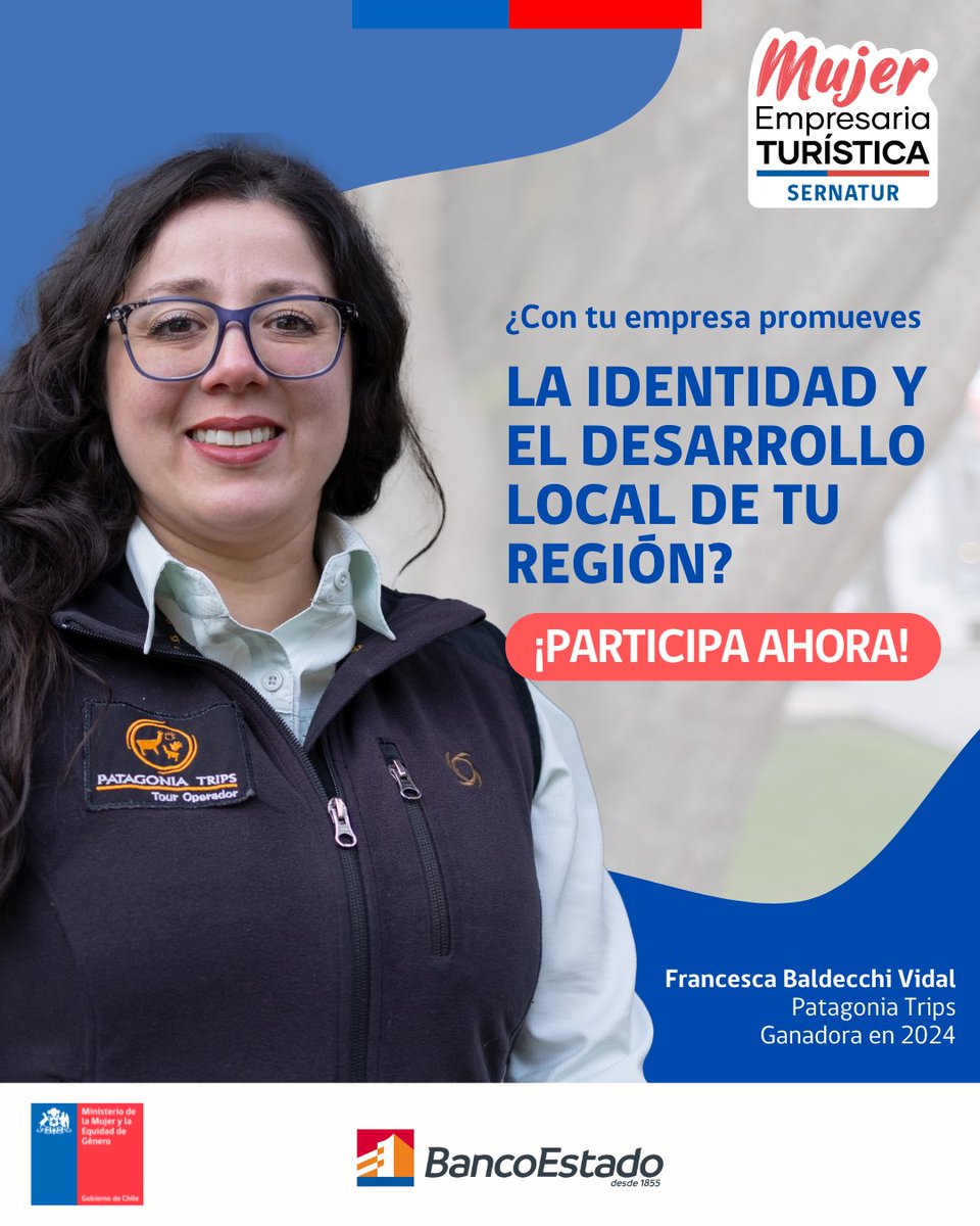 ¿Tu emprendimiento turístico rescata tradiciones y cultura local? 🌱
Entonces, el concurso #MujerEmpresariaTurística 2025 es para ti.
 ✨ Gana $2.500.000 + un set de fotos y videos profesionales para potenciar tu presencia digital.
 📍 Postula ahora en sernatur.cl/mujerempresari….