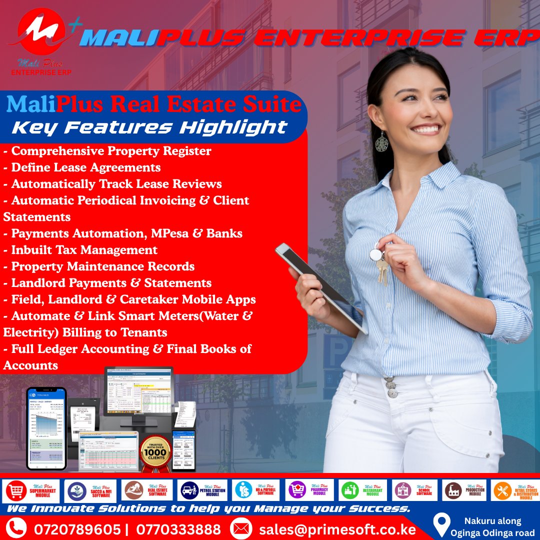MaliPlusERP's tweet image. From lease management to rent automation and smart billing, MaliPlus ERP by Primesoft delivers all-in-one real estate control.
Professional. Reliable. Made for Kenya.
#MaliPlusERP #PrimesoftSolutions
