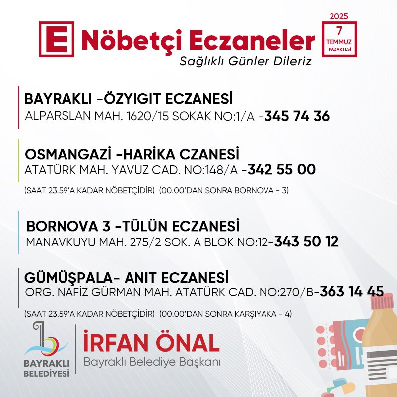 İhtiyacınız olmaması dileğiyle. Sağlıklı günler diliyoruz. #Bayraklı #NöbetçiEczane